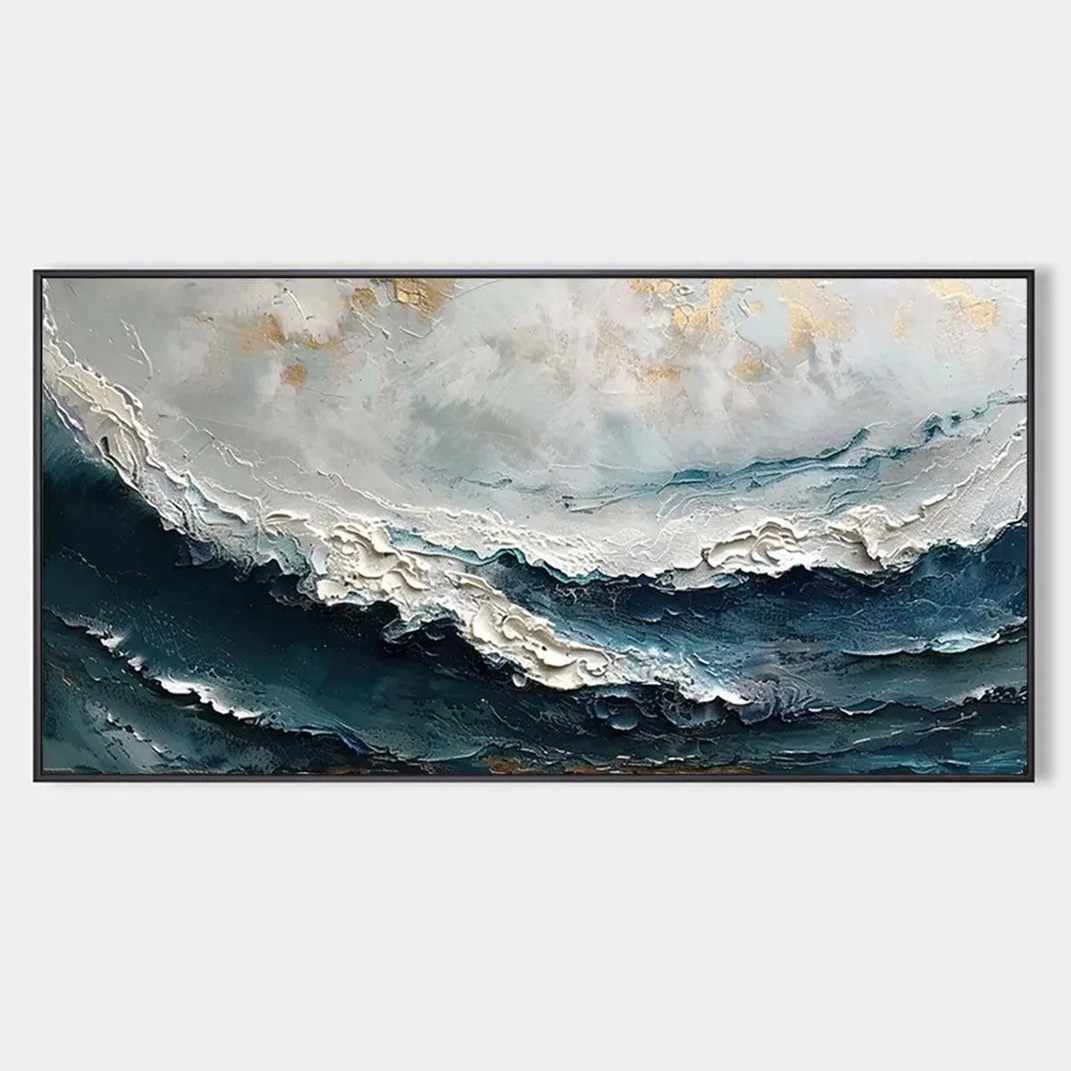 Textured Abstract Ocean Painting in Blue, White, and Gold