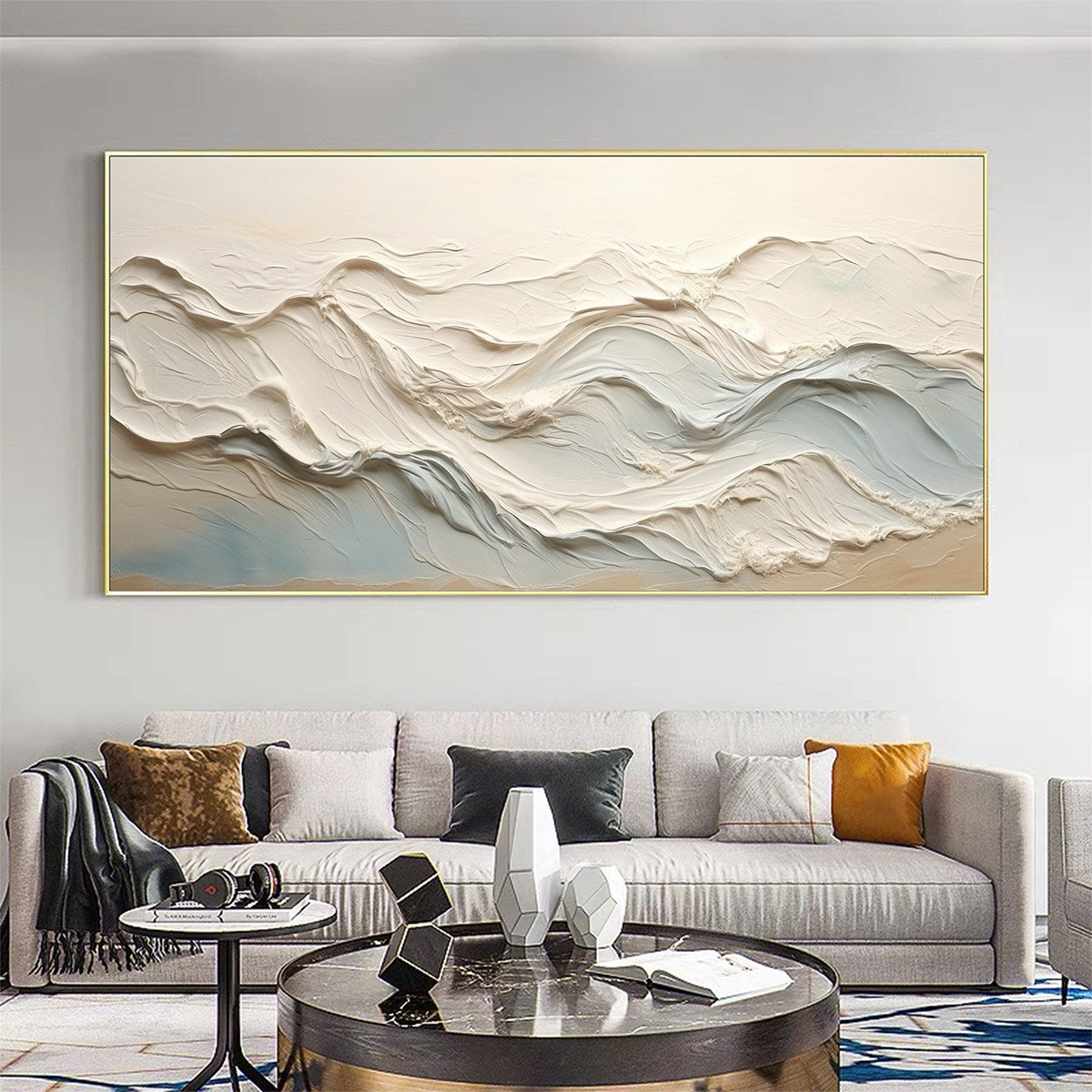 Ocean Echoes: Textured Abstract Oil Painting Canvas Wall Art Decor