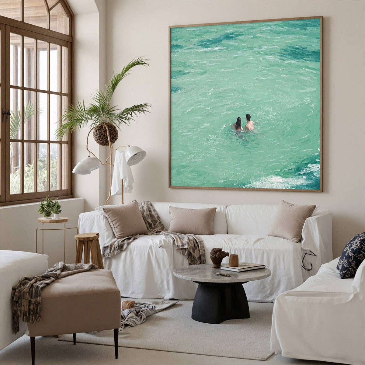 OCEAN EMBRACE: Minimalist Beach Scene Oil Painting