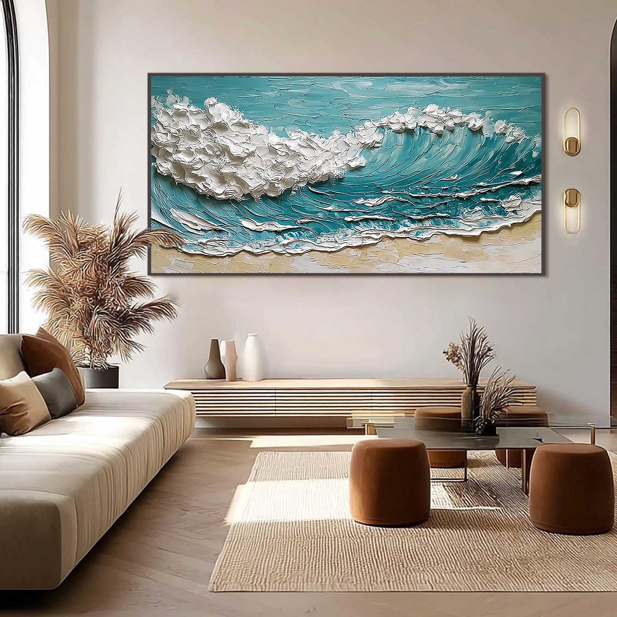 OCEAN'S EMBRACE: Textured Impasto Ocean Wave Painting for Coastal Decor