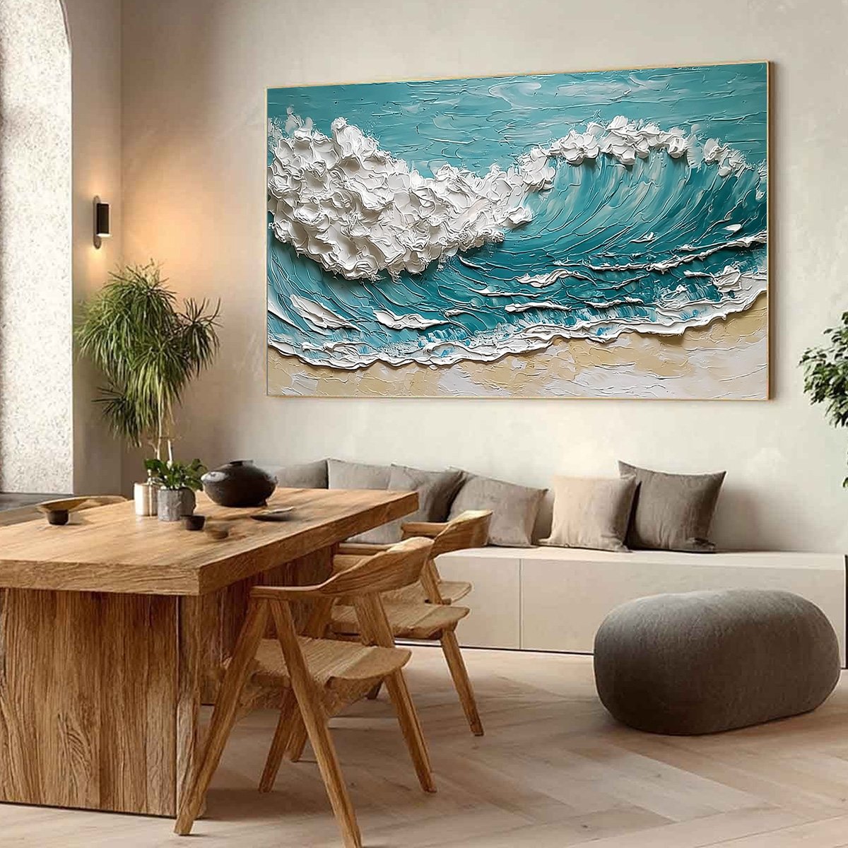 OCEAN'S EMBRACE: Textured Impasto Ocean Wave Painting for Coastal Decor