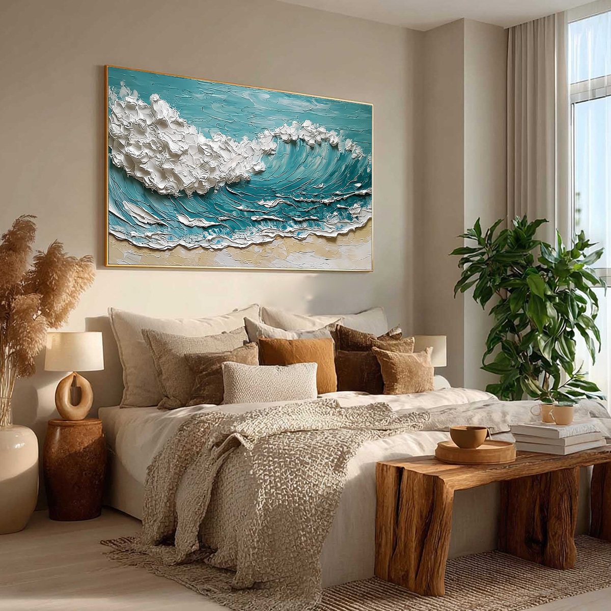 OCEAN'S EMBRACE: Textured Impasto Ocean Wave Painting for Coastal Decor