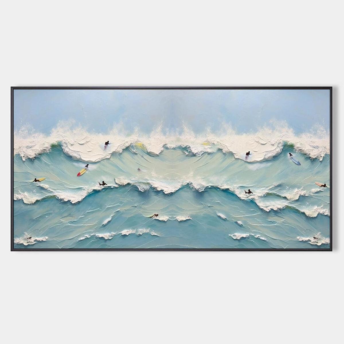 Panoramic Ocean Wave Painting with Surfers for Living Room