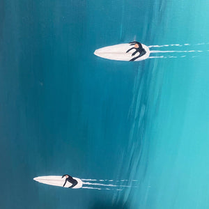 OCEAN'S THREE: Minimalist Aerial Surfing Scene Oil Painting