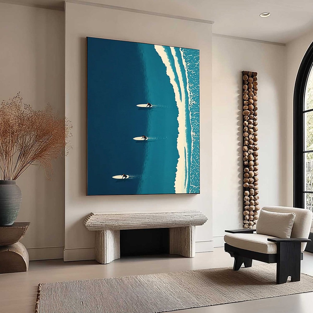 OCEAN'S THREE: Minimalist Aerial Surfing Scene Oil Painting