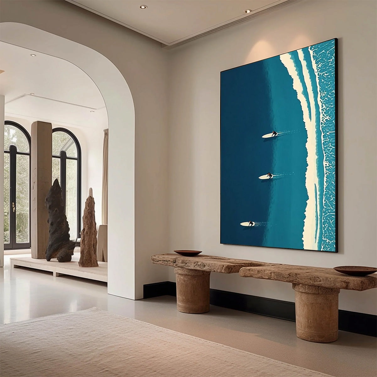 OCEAN'S THREE: Minimalist Aerial Surfing Scene Oil Painting