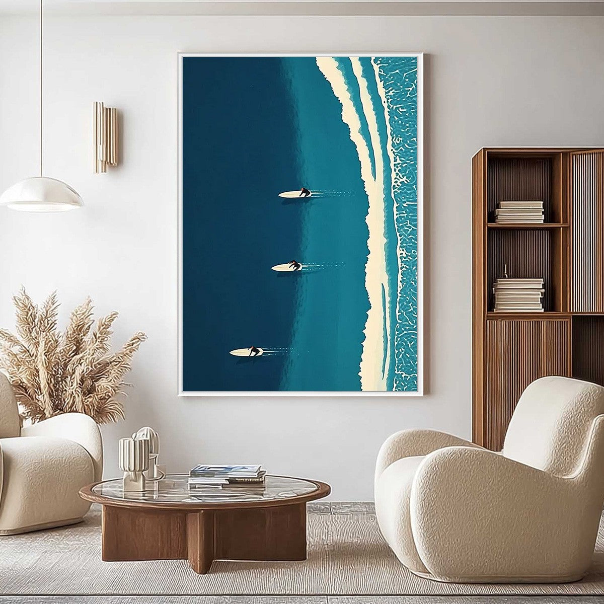 Ocean's Three: Minimalist Surfing Scene Oil Painting – MontCarta