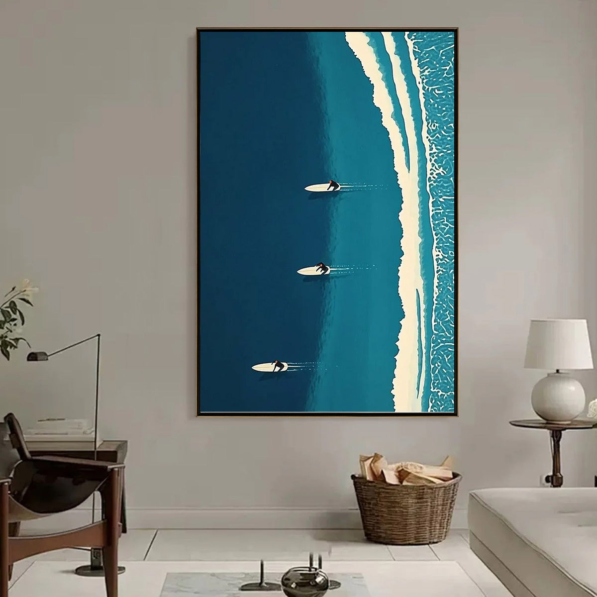 OCEAN'S THREE: Minimalist Aerial Surfing Scene Oil Painting