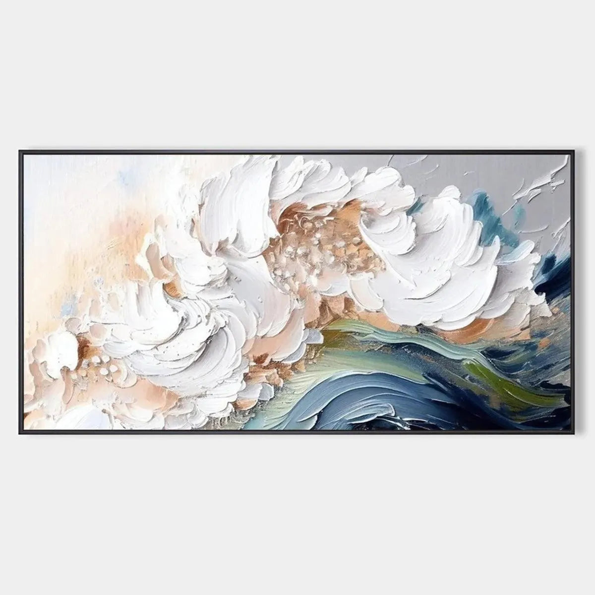 Textured Abstract Seascape Painting, White and Blue Wall Art, Panoramic Canvas, Coastal Decor