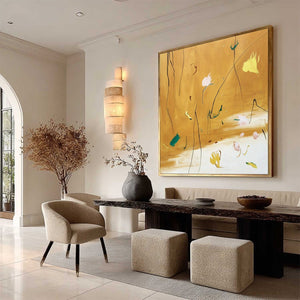 Ochre Whispers original abstract floral painting, Wabi Sabi inspired modern wall art.