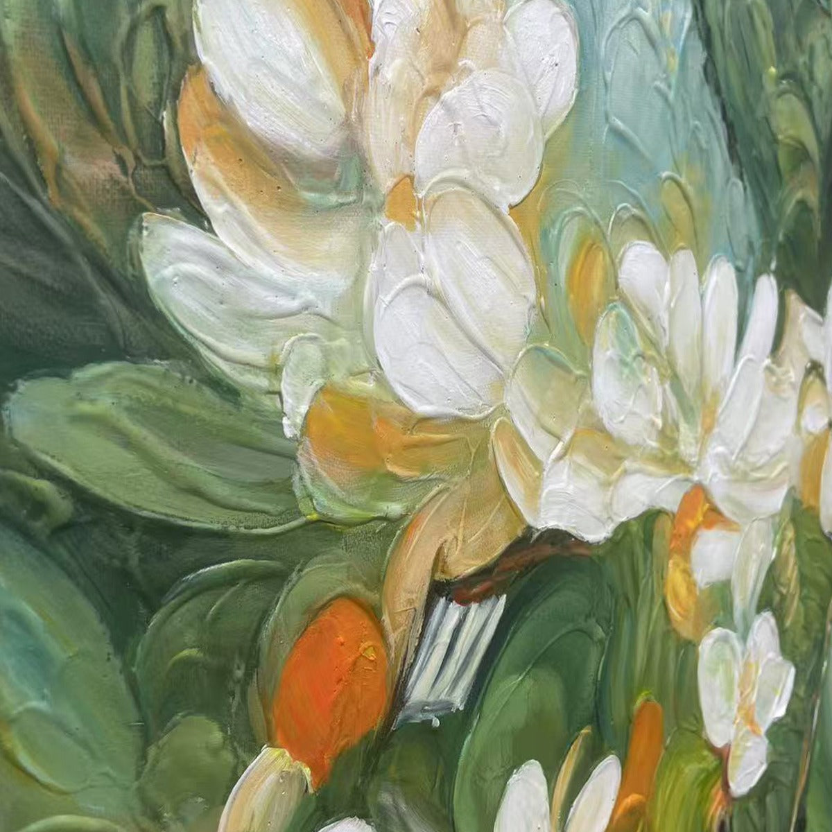 Textured impasto painting: white orange blossoms and green leaves, showcasing rich paint texture.