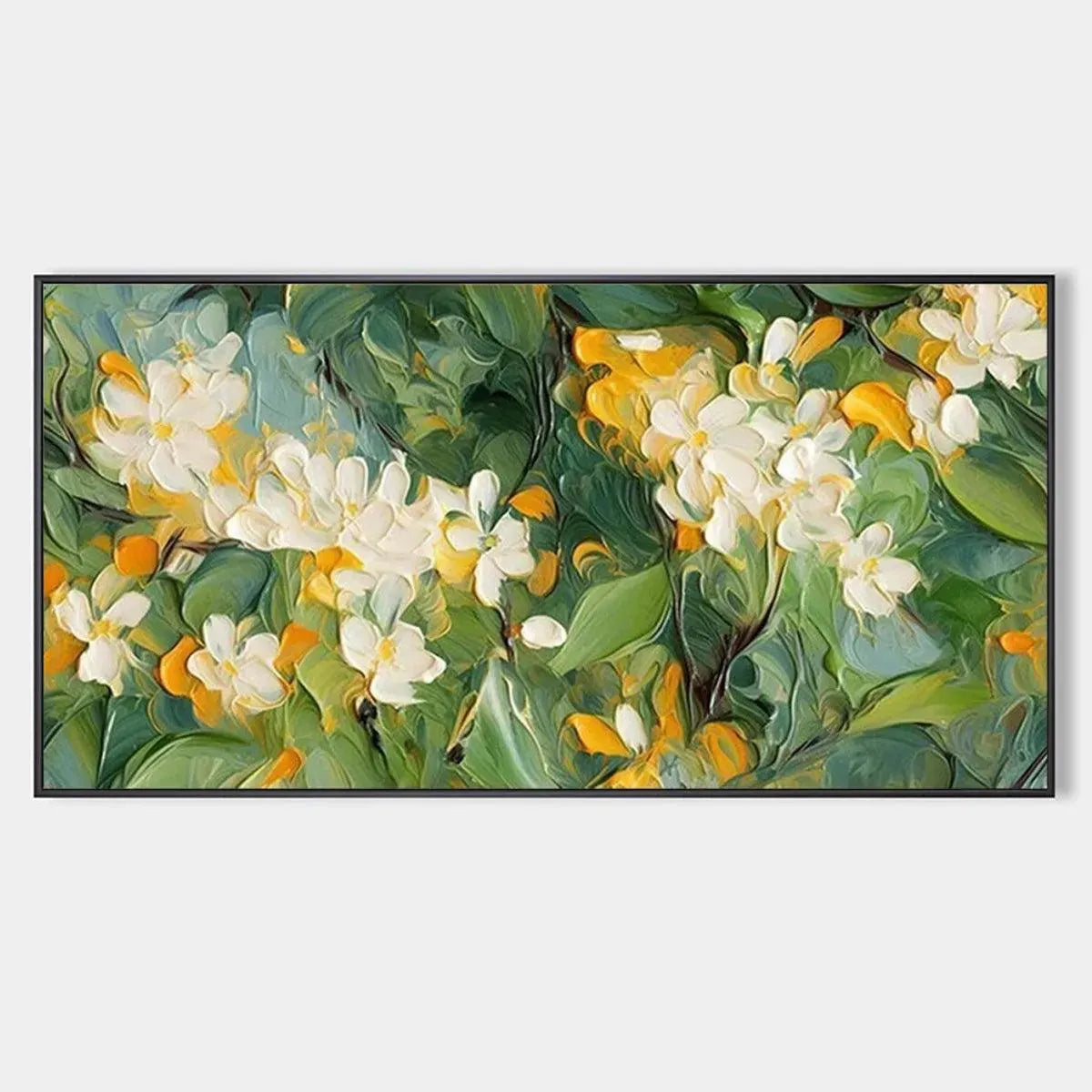 Textured impressionist painting of white orange blossoms on a panoramic canvas with vibrant green and yellow accents.