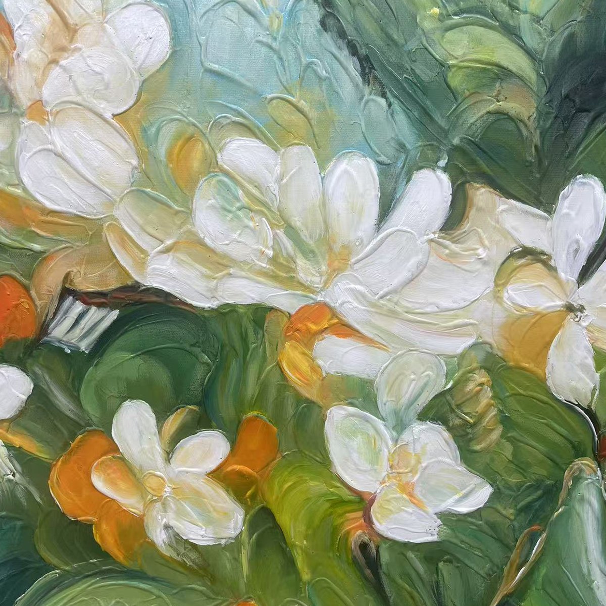 Textured impressionist painting close-up: thick impasto white orange blossoms with vibrant green leaves.