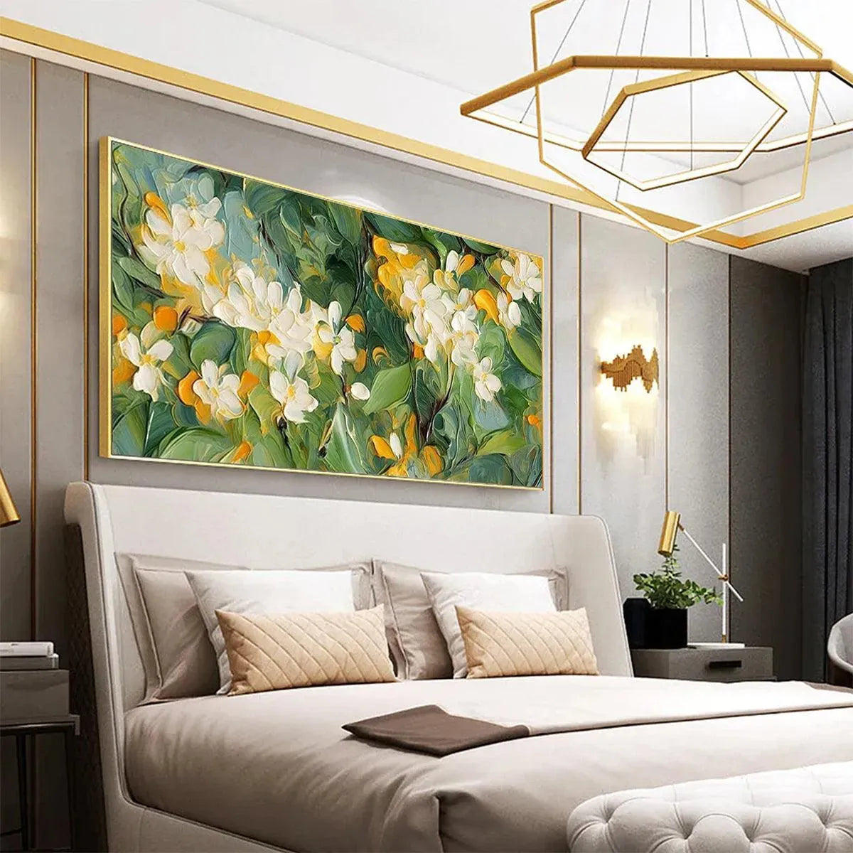 Orange Blossom textured impressionist painting of white flowers above a bed, panoramic wall art.