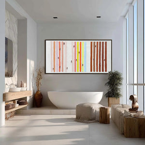 OUR WALKS: Original handmade abstract painting with colorful impasto textured vertical stripes and small figures.