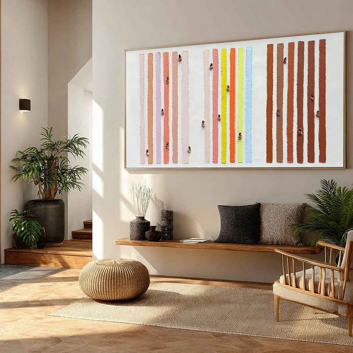 OUR WALKS: Handmade textured abstract original painting, colorful stripes.