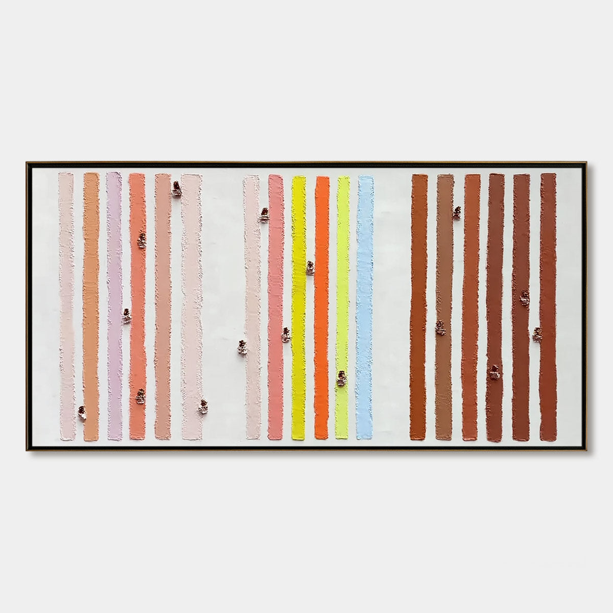 "OUR WALKS" original textured abstract painting, impasto with colorful vertical stripes.