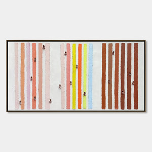 "OUR WALKS" original textured abstract painting, impasto with colorful vertical stripes.