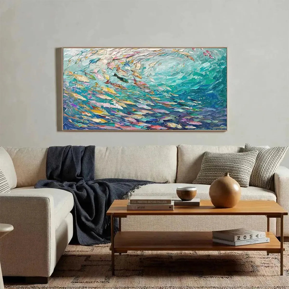OCEAN CURRENTS impasto painting: colorful fish in vibrant blue-green water, shown in a living room.