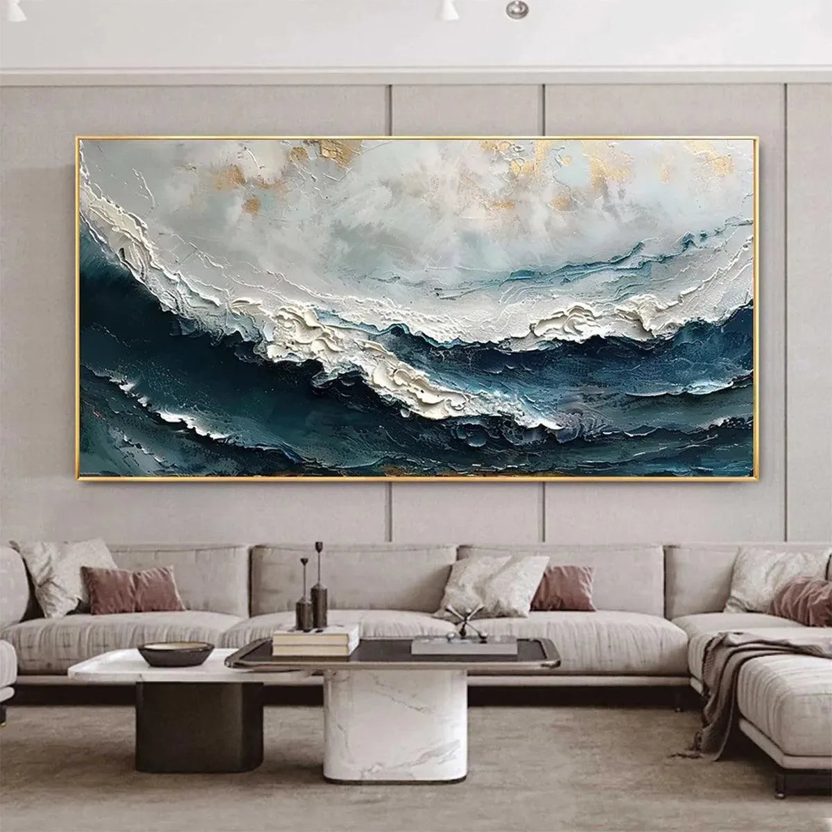 Ocean Dream painting by Liam O'Connell: textured abstract ocean waves in blue, white, and gold, framed art for modern decor.
