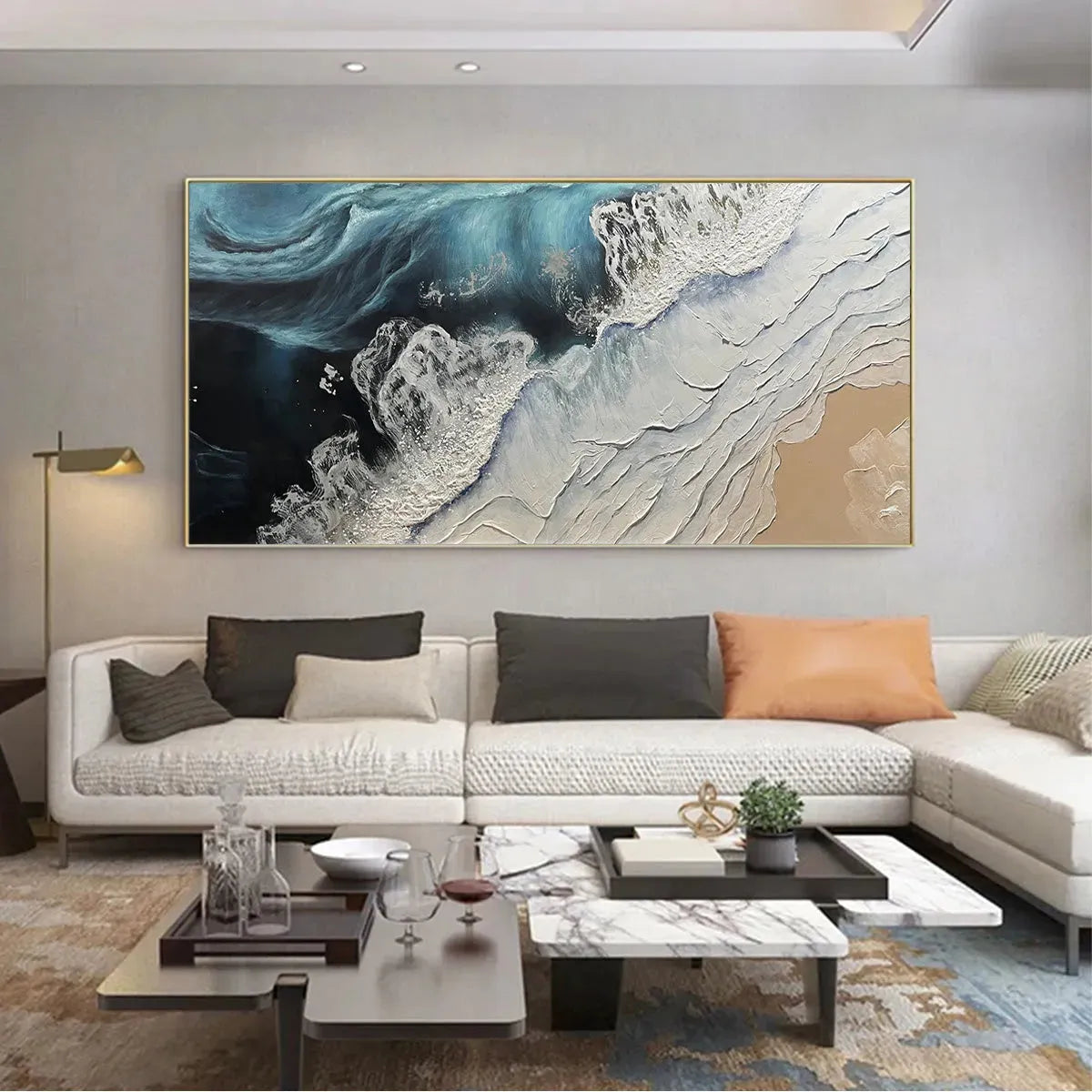 Ocean's Embrace: Panoramic Ocean Painting | Blue, White, Beige | Textured Canvas | Wall Art