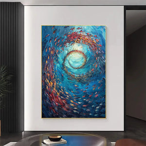 Oceanic Vortex: Vertical Fish Painting | Impasto | Colorful | Ocean | Beach & Sea | Living Room, Dining Room