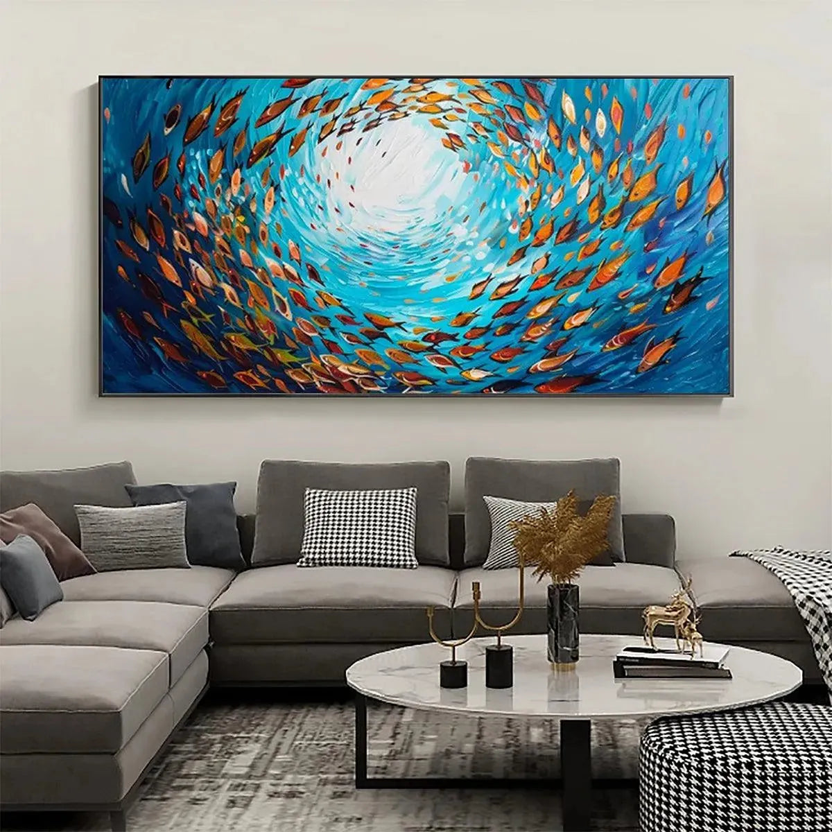 OCEANIC WHIRL painting by Chak Yu Lam, horizontal artwork with swirling school of fish in blues and oranges for home decor.