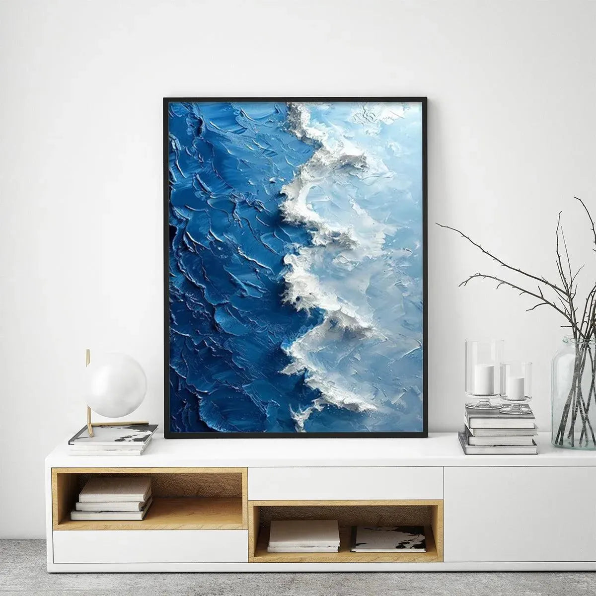 Oceanic Whispers: Textured Ocean Painting | Blue Abstract Wall Art | Vertical Canvas | Impasto Decor