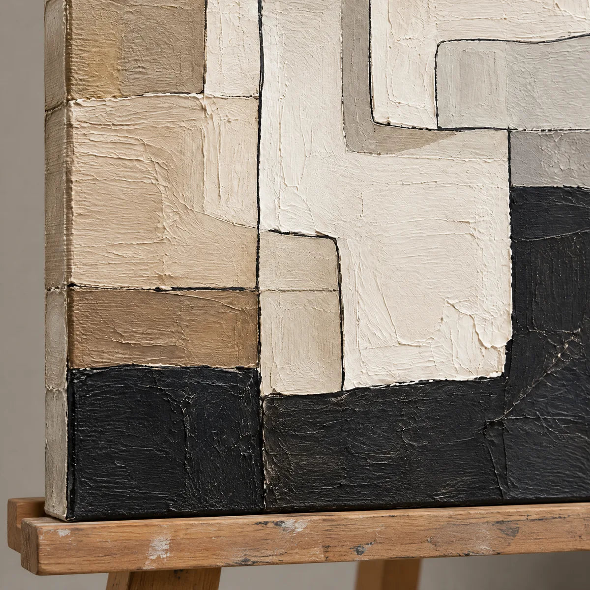 QUIET ASSEMBLY — Texture detail on an easel, no outer frame