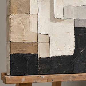 QUIET ASSEMBLY — Texture detail on an easel, no outer frame