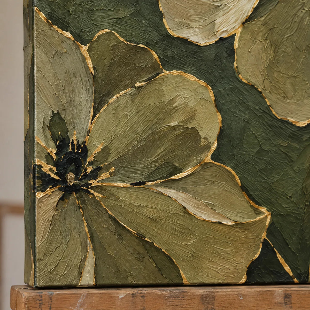 OLIVE BLOOM — Texture detail on an easel, no outer frame