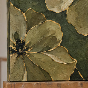 OLIVE BLOOM — Texture detail on an easel, no outer frame