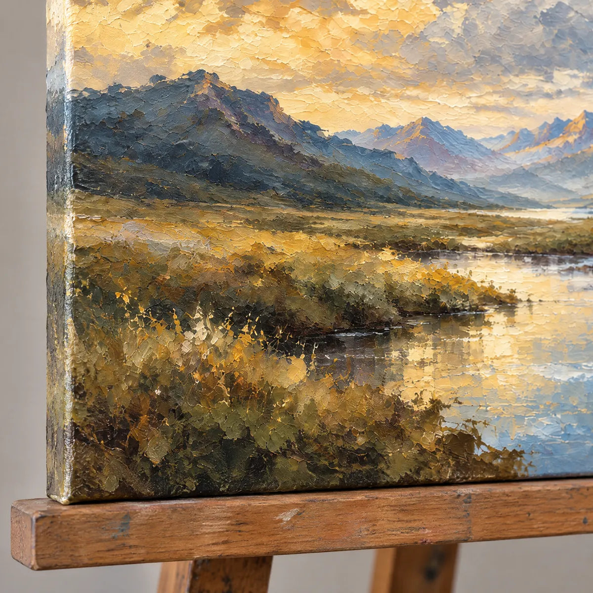 VALLEY AFTERGLOW — Texture detail on an easel, no outer frame