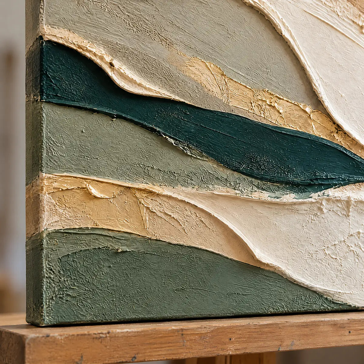 OLIVE DRIFT — Texture detail on an easel, no outer frame