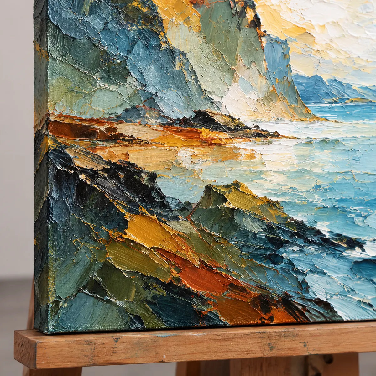 TWO SHORES — Texture detail on an easel, no outer frame