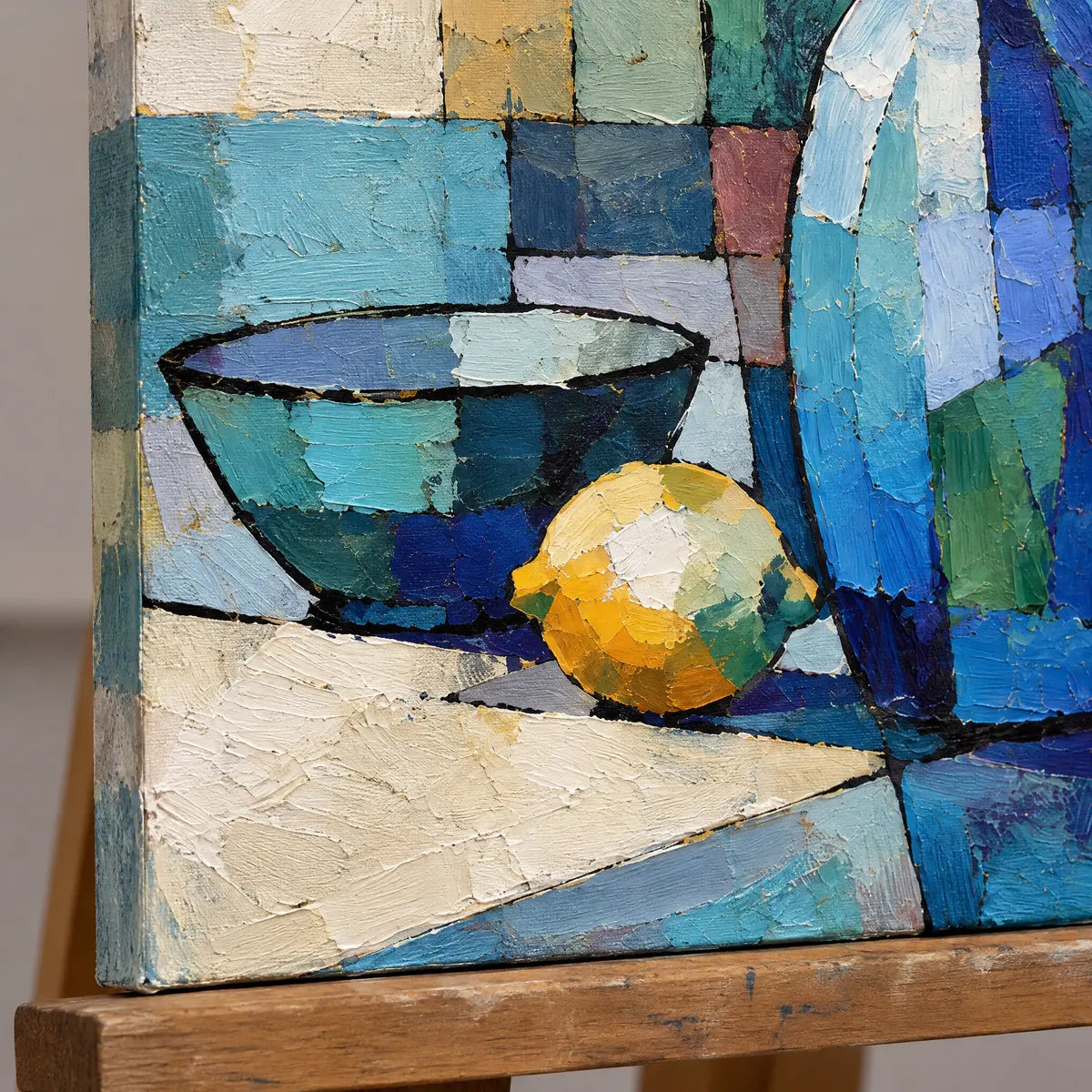 BLUE VESSEL — Texture detail on an easel, no outer frame