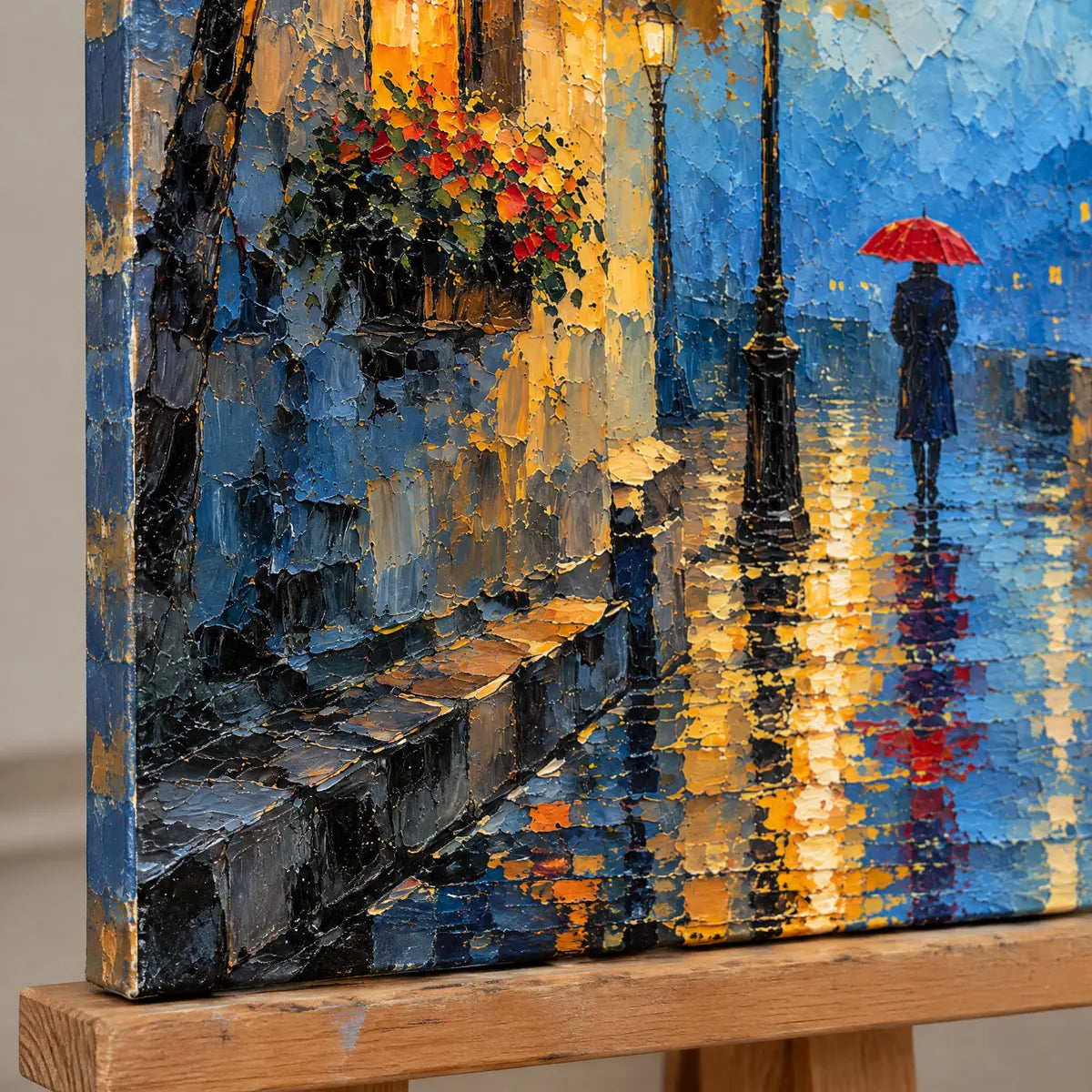 RAINLIT PROMENADE — Texture detail on an easel, no outer frame