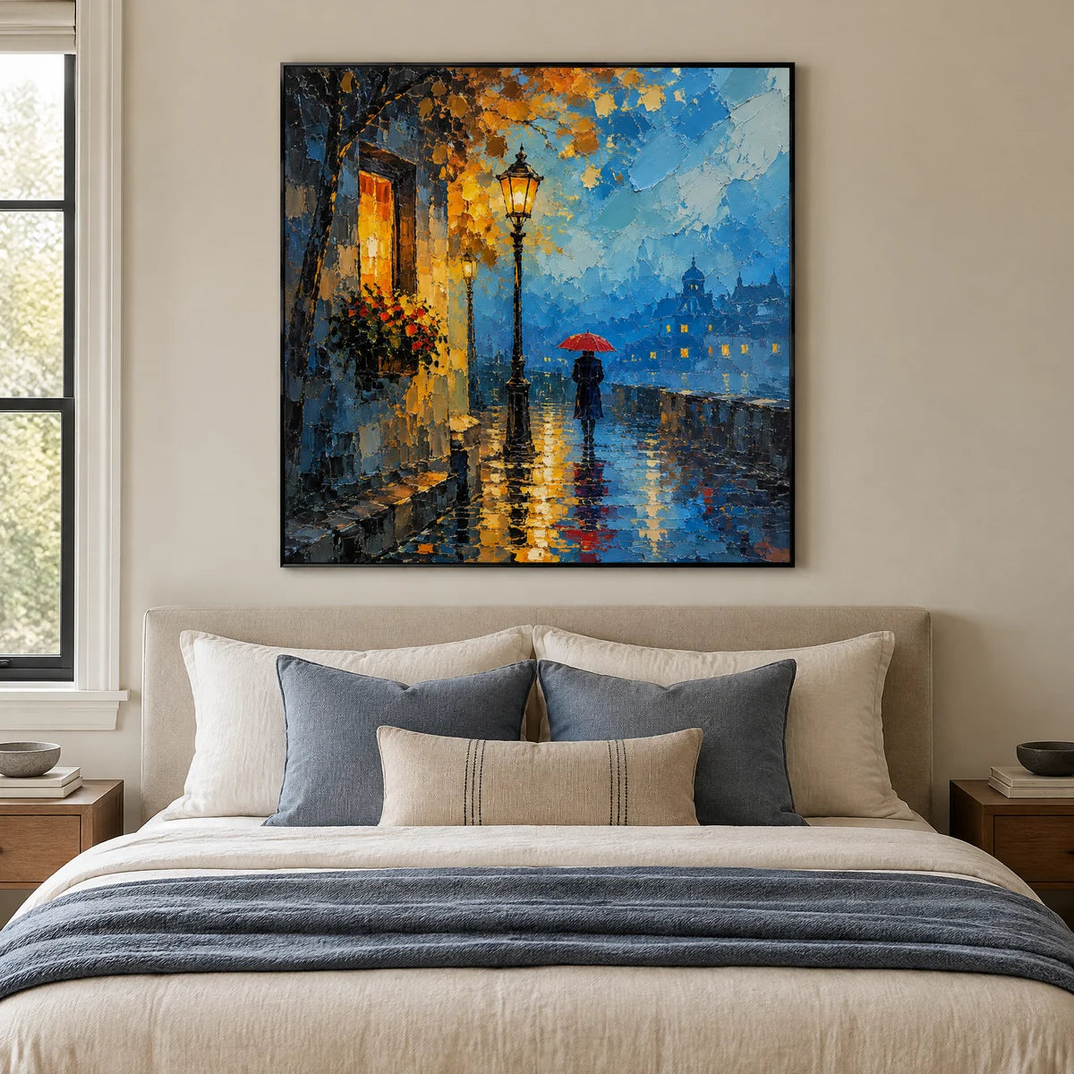RAINLIT PROMENADE — Bedroom, black frame