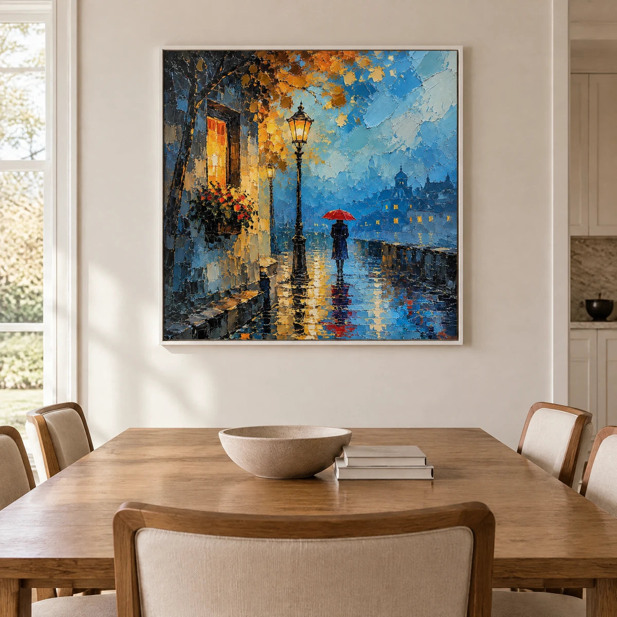 RAINLIT PROMENADE — Dining room, white frame