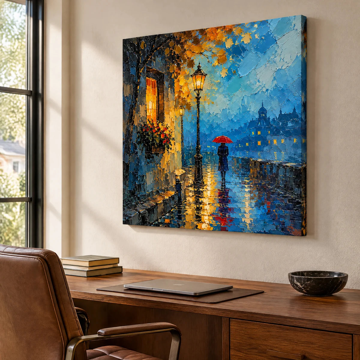 RAINLIT PROMENADE — Office, frameless stretched canvas