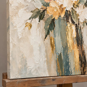 IVORY ARRANGEMENT — Texture detail on an easel, no outer frame