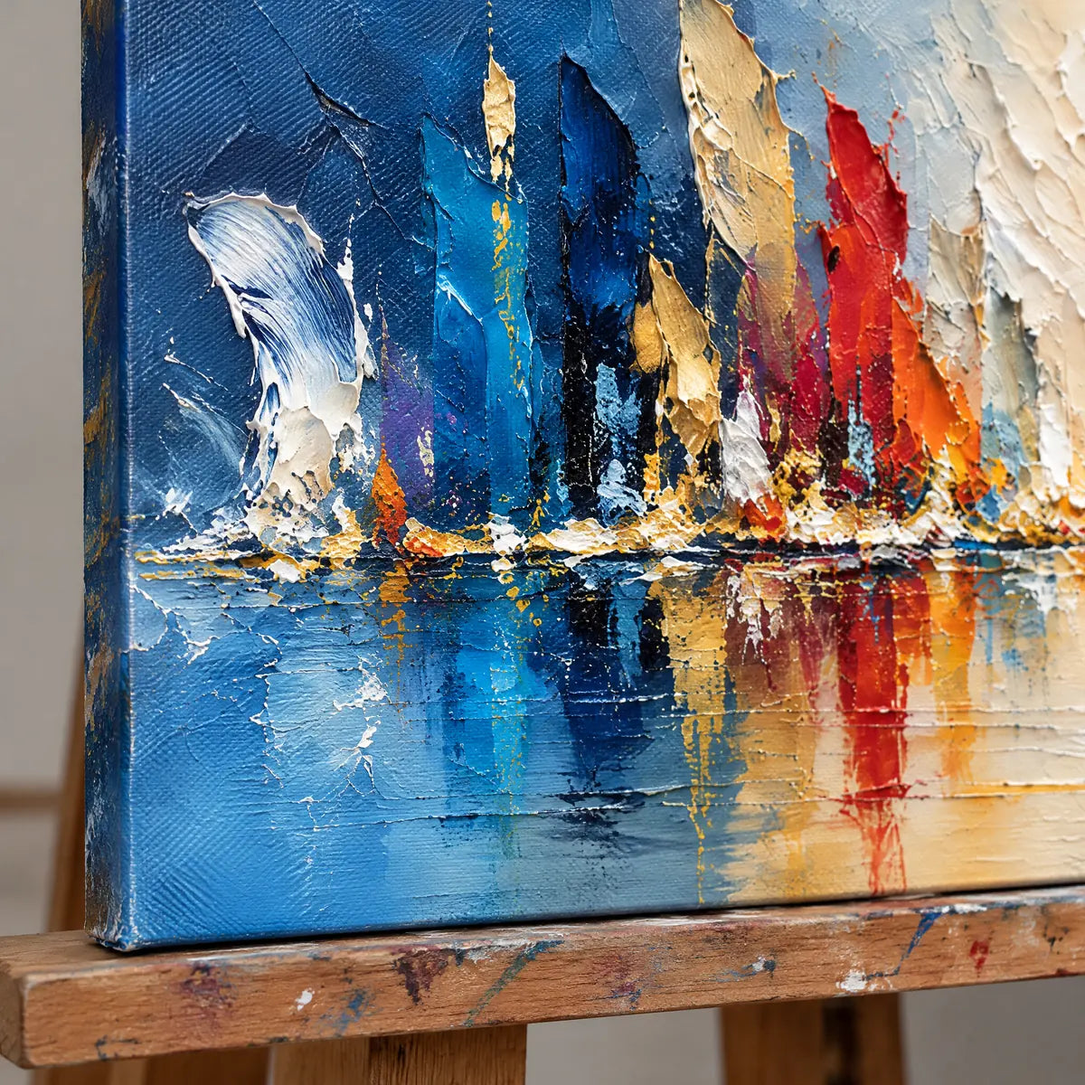 COLOR IN REFLECTION — Texture detail on an easel, no outer frame