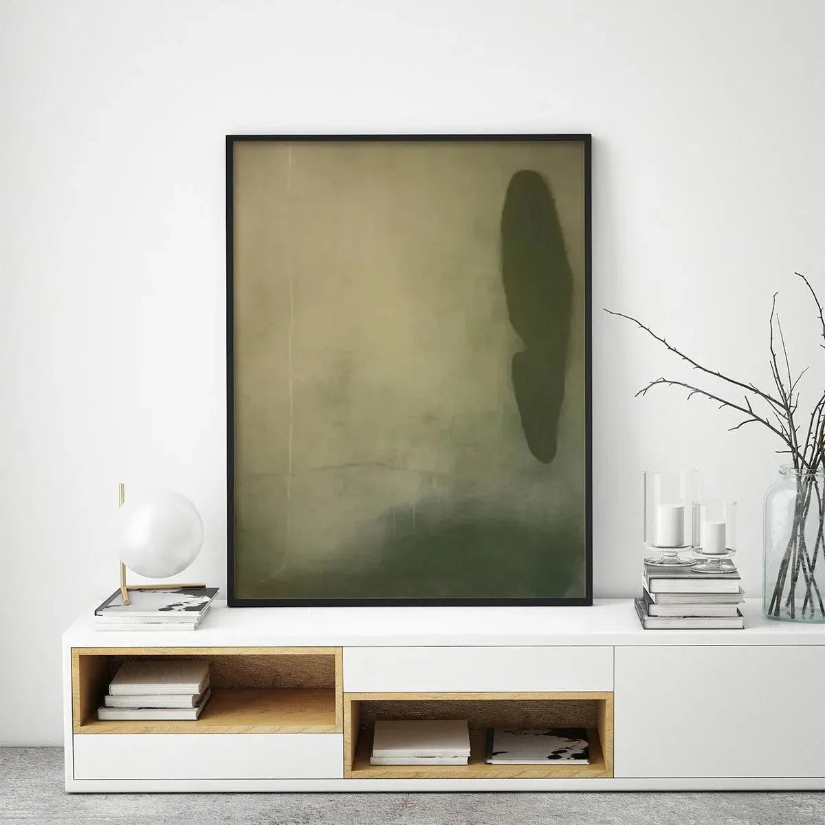 Olive Serenity minimalist abstract painting, vertical olive green artwork in black frame with soft gradient textures.