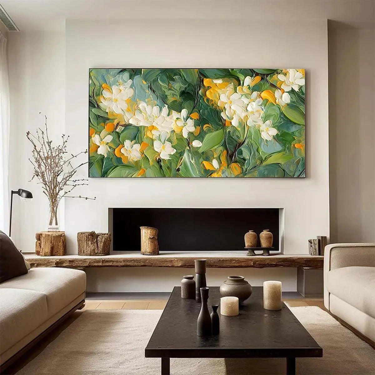 Textured impressionist panoramic painting of white and orange blossoms above a fireplace in a modern living room.