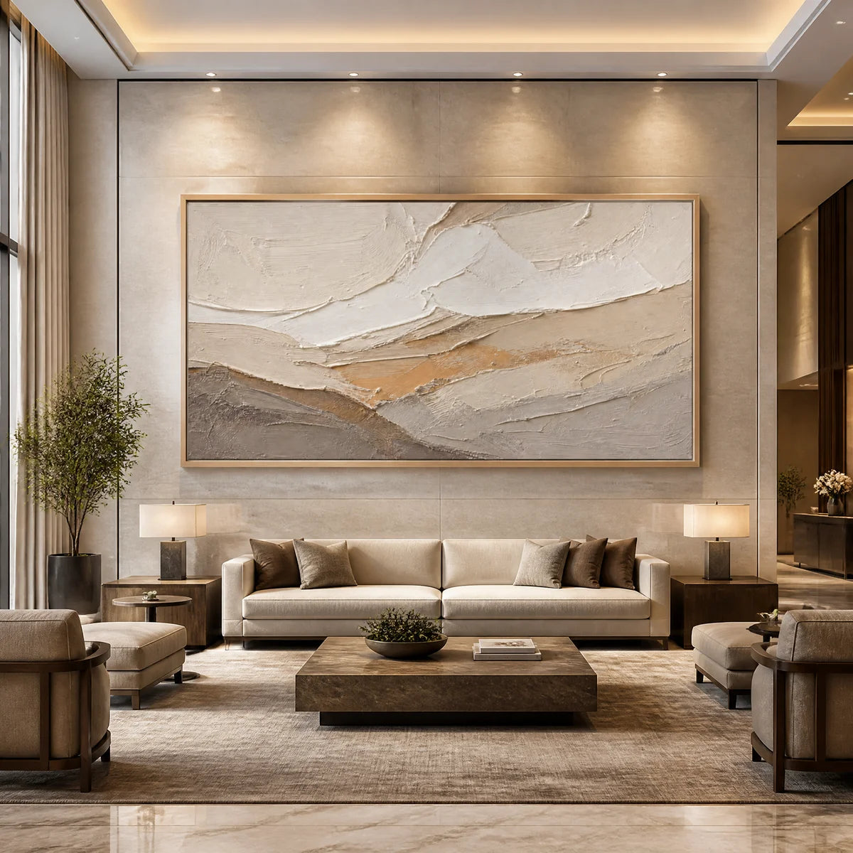 Beige white mountain abstract wall art with textured layered tones above a modern sofa displayed in a luxury hotel lobby.