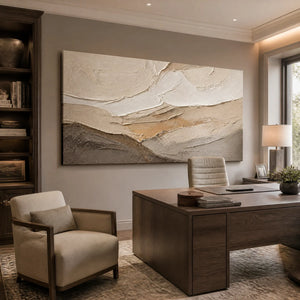 Beige white mountain abstract wall art with textured layered oil painting in modern office.