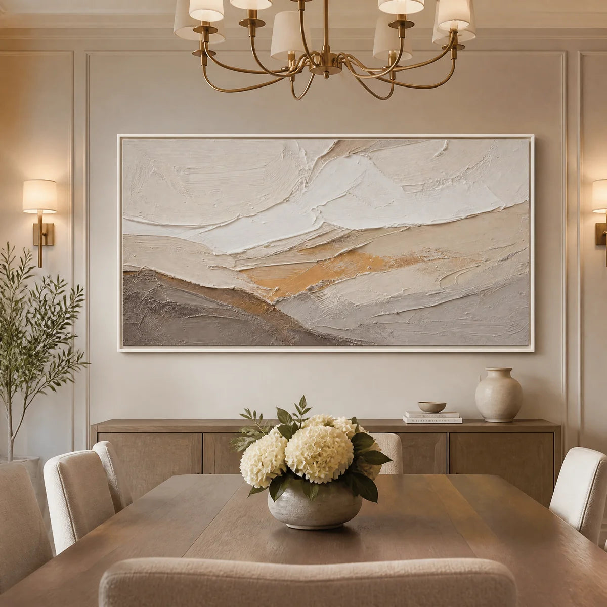 Beige white mountain abstract wall art with textured layered tones displayed in a refined dining room.