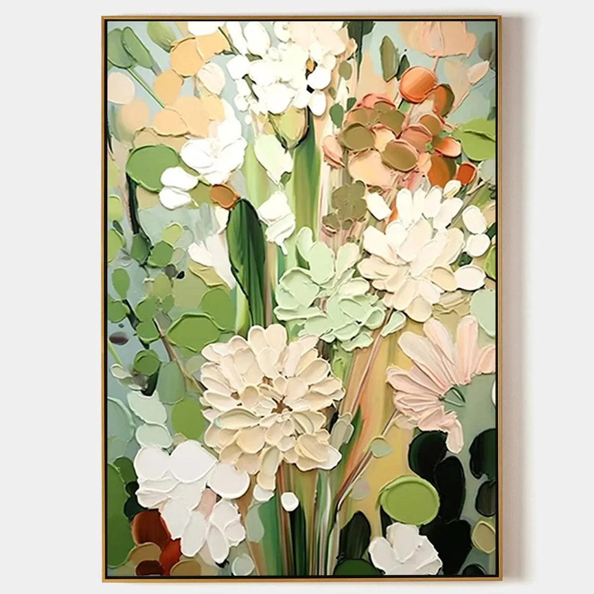 Textured Impasto Floral Painting in Pink, White, and Green