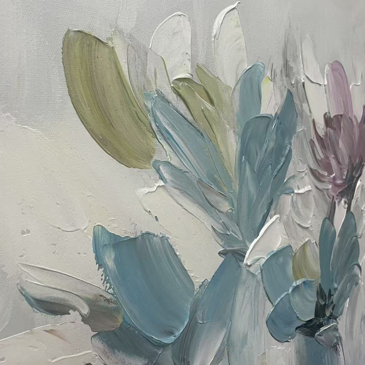 Close-up of Pastel Dream painting showing thick impasto brushstrokes of blue, green, and purple flowers.
