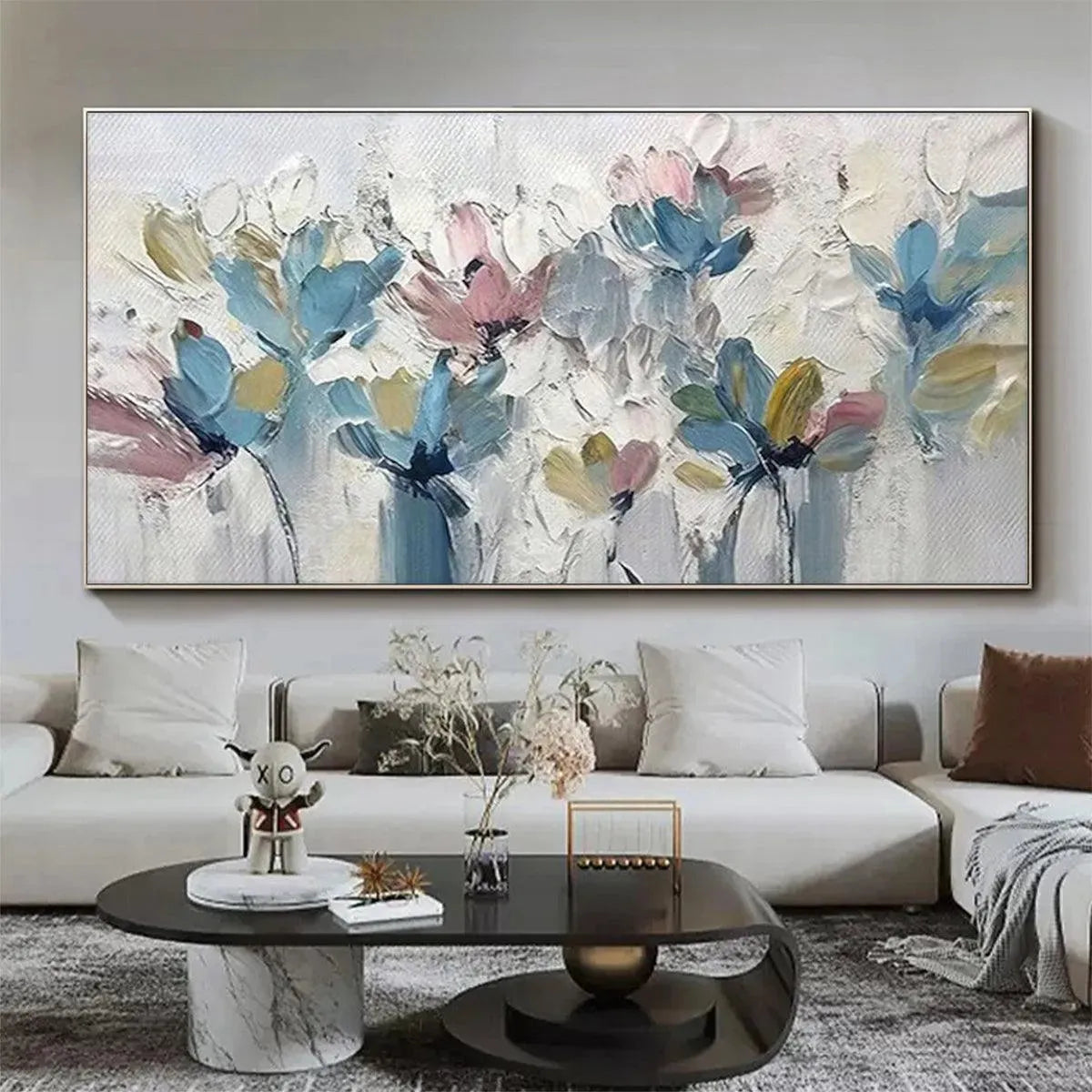 Pastel Dream panoramic floral painting with textured impasto brushstrokes, soft pink, blue, and yellow flowers.